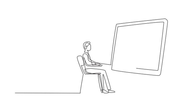 Animated self drawing of continuous line draw male student sitting studying staring at giant monitor screen and inside laptop there is male lecturer who is teaching. Full length one line animation.