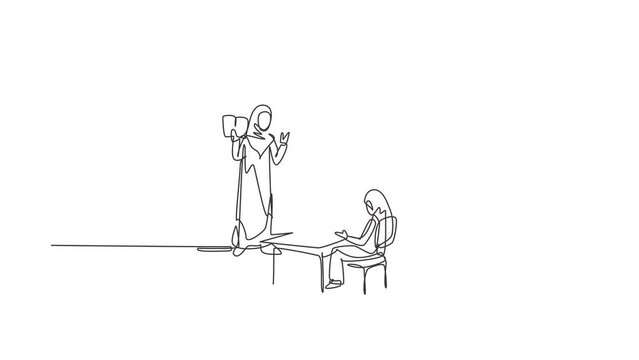 Animated self drawing of continuous line draw hijab female teacher teaching female junior high school student who sits on bench around desk and studies on smartphone. Full length one line animation.