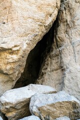 A crevice in a rock in the Caucasus mountains as a natural background.