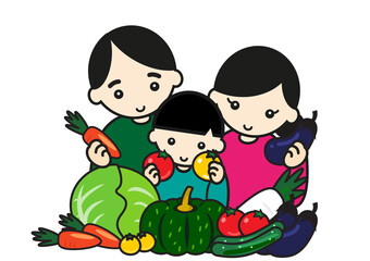 野菜に囲まれる家族
