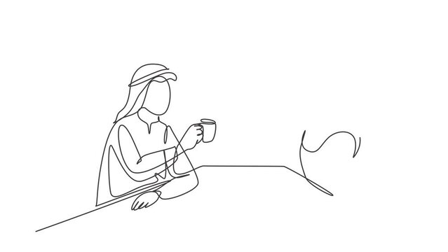 Animated self drawing of single continuous line draw young Arabian couple holding a cup of hot coffee, preparing toast to celebrate success of office work project. Full length one line animation.