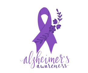 Alzheimers awareness month Novermber handwritten lettering. Purple support ribbon. Web banner vector