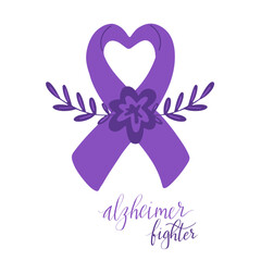 Alzheimers awareness month Novermber handwritten lettering. Alzheimers fighter phrase. Purple support ribbon. Web banner vector