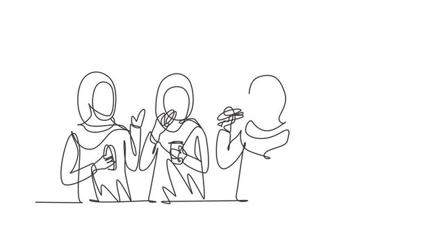 Animated self drawing of continuous line draw Arabian friends eating fast food meal in restaurant. Group of happy women talking, dinner, burgers and drinking soda. Full length one line animation.
