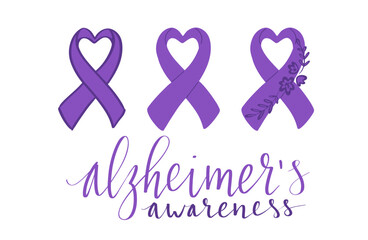 Alzheimers awareness month Novermber handwritten lettering. Purple support ribbon. Web banner vector