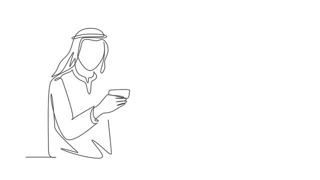Self drawing animation of single line draw young Arab man typing entering credit card code on smartphone around desk. Digital lifestyle and payment concept. Continuous line draw. Full length animated.