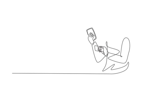 Animated self drawing of continuous line draw young Arabian woman typing entering credit card code on smartphone around desk. Digital lifestyle and payment concept. Full length single line animation.