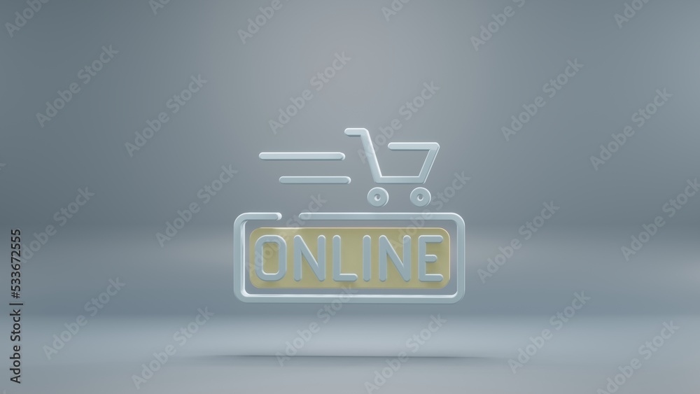 Poster beautiful abstract online shopping cart yellow light symbol icons on a blue background. 3d rendering