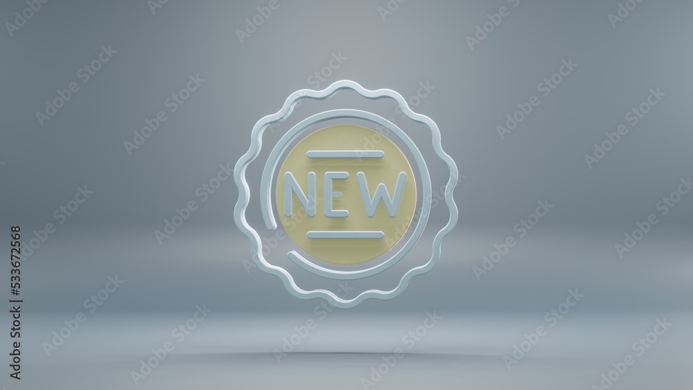 Poster beautiful abstract new badge yellow light symbol icons on a blue background. 3d rendering illustrati