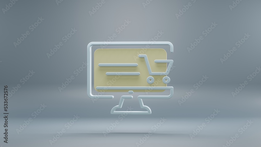 Poster beautiful abstract desktop online shopping yellow light symbol icons on a blue background. 3d render