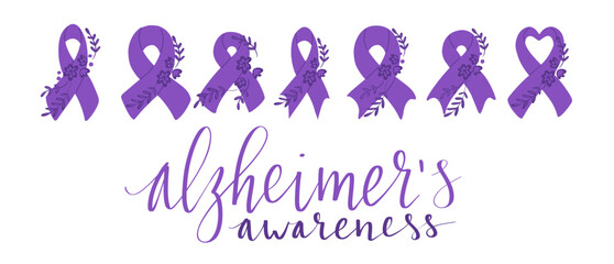 Alzheimers awareness month Novermber handwritten lettering. Purple support ribbon. Web banner vector