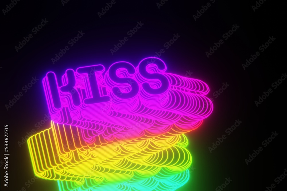 Poster Beautiful Abstract neon background word Kiss on a black background. 3d rendering illustration Background pattern for design.