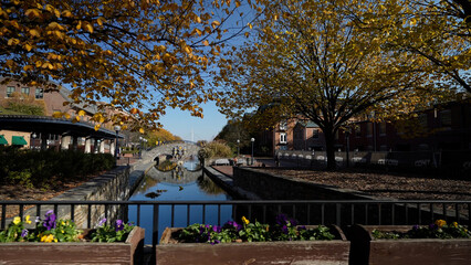 Carroll Creek Park in historic district of Frederick Maryland with shops and building on sides of the canal. - obrazy, fototapety, plakaty