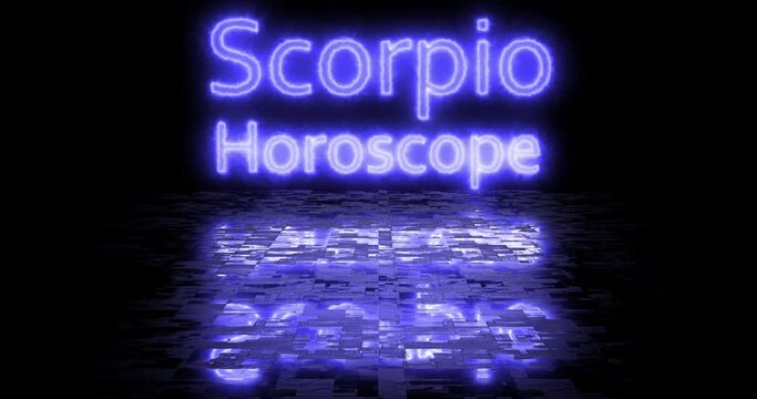 Scorpio sign. Mystical screensaver or presentation for astrological forecast for different zodiac signs. A looped animation of flickering text with reflection on a wet tile. The color of the correspon