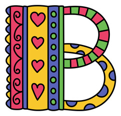 Colorful doodle letter B. Hand drawn ABC. Sketch alphabet. Kids illustration