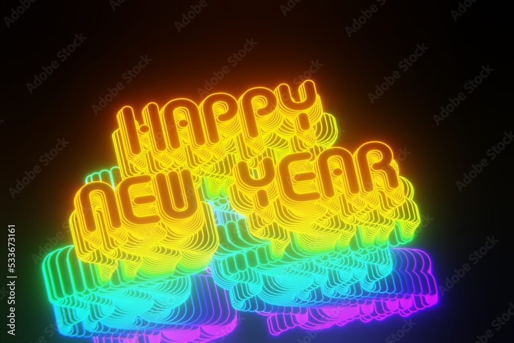 Poster Beautiful Abstract neon background words Happy new year on a black background. 3d rendering illustration Background pattern for design.