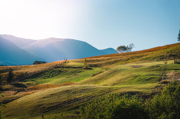 Panoramic mountain view. Autumn in the mountains