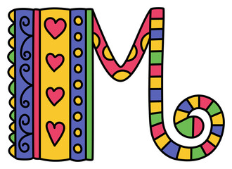 Colorful doodle letter M. Hand drawn ABC. Sketch alphabet. Kids illustration