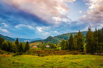 Panoramic mountain view. Autumn in the mountains