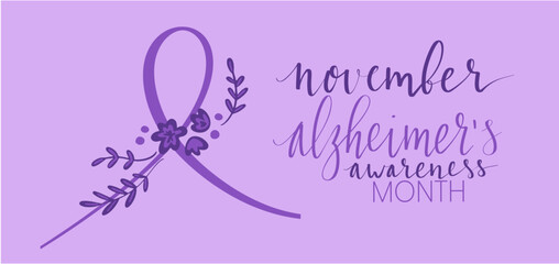 Alzheimers awareness month Novermber handwritten lettering. Purple support ribbon. Web banner vector - obrazy, fototapety, plakaty