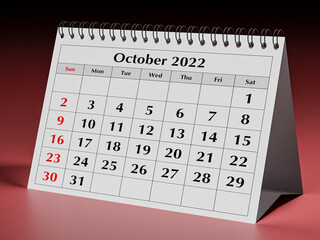 One page of the annual business desk monthly calendar. Date - month October 2022