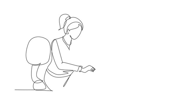 Self drawing animation of single line draw young woman sitting on chair and typing entering credit card code on laptop around desk. Digital payment concept. Continuous line draw. Full length animated.