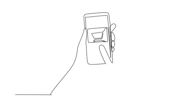 Animated self drawing of continuous line draw hands holding smartphone with shopping cart image and touching screen. Digital lifestyle, internet and gadgets concept. Full length single line animation.