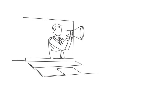 Animated self drawing of continuous one line draw young man coming out of laptop screen holding megaphone. Offering product with discounts or sale. Marketing concept. Full length single line animation