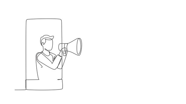 Animated self drawing of single continuous line draw young man coming out of smartphone screen holding megaphone. Offering product with discounts or sale concept. Full length one line animation.