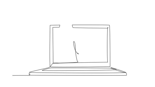 Self drawing animation of single line draw woman coming out of laptop screen holding megaphone. Offering product with discounts or sale. Marketing concept. Continuous line draw. Full length animated.