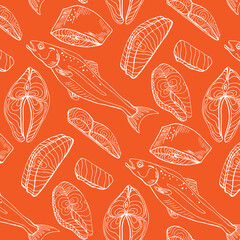 Top view of raw salmon steak isolated on blue background. Minimal concept. Flat lay. Seamless line pattern