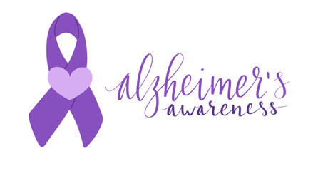 Alzheimers awareness month Novermber handwritten lettering. Purple support ribbon. Web banner vector