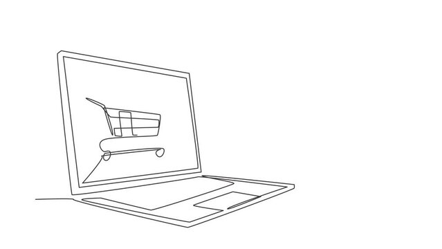 Animated self drawing of continuous line draw young female shopping online via giant laptop screen with shopping cart inside. Digital lifestyle, consumerism concept. Full length single line animation.
