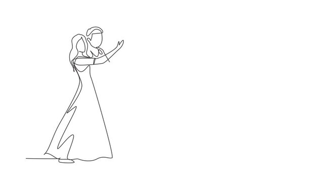 Animated self drawing of continuous line draw romantic man and woman professional dancer couple dancing tango, waltz dances on dancing contest dancefloor. Happy life. Full length single line animation