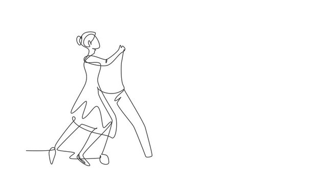 Animated self drawing of single continuous line draw man and woman performing dance at school, studio, party. Male and female characters dancing tango at Milonga. Full length one line animation.