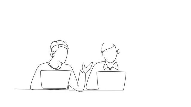 Self drawing animation of single line draw two young man studying with laptop and pile of books. Back to school, smart students, online education concept. Continuous line draw . Full length animated.