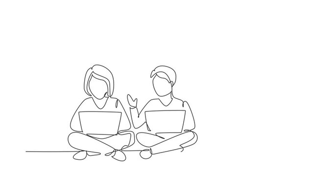 Animated self drawing of single continuous line draw three students studying with laptop and sitting on the floor together. Back to school, online education concept. Full length one line animation.