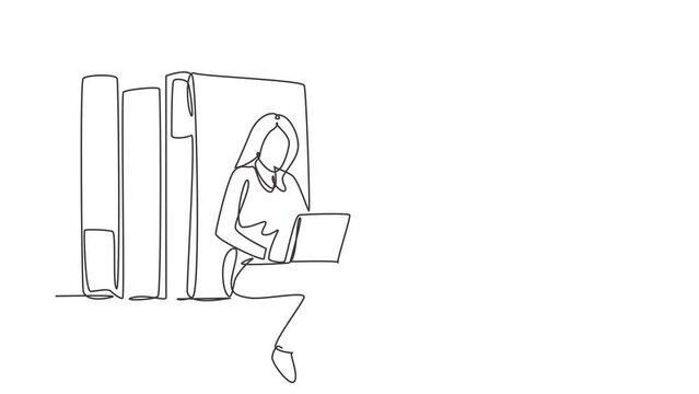 Animated self drawing of continuous line draw young woman studying with laptop and sit and lean on big books. Back to school, intelligent student, online education. Full length one line animation.
