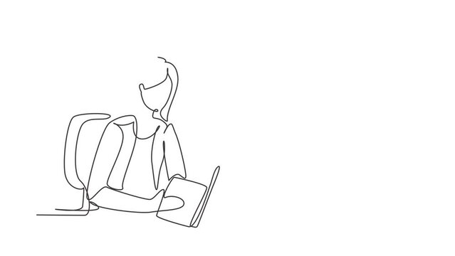Animated self drawing of single continuous line draw young woman reading, learning and sitting on chair around table. Study in library. Smart student, education concept. Full length one line animation
