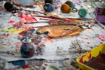 Paintbrush and art painter artist tools, watercolor on a palette