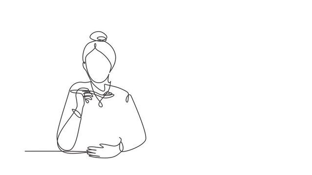 Self drawing animation of single line draw young woman having cereal meal with milk and spoon. Enjoy breakfast at home. Delicious and healthy food concept. Continuous line draw. Full length animated.