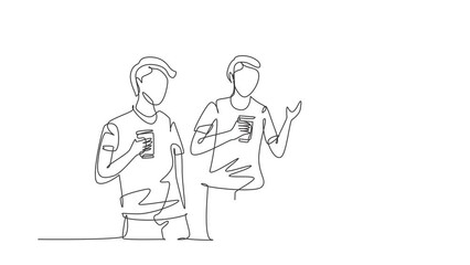 Self drawing animation of single one line draw teens drink soda to celebrate their friendship by celebrating a party at park. Happy relaxing moment concept. Continuous line draw. Full length animated.