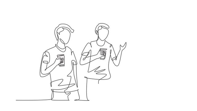 Self drawing animation of single one line draw teens drink soda to celebrate their friendship by celebrating a party at park. Happy relaxing moment concept. Continuous line draw. Full length animated.