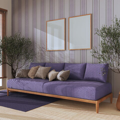 Japandi living room with frame mockup in purple tones. Fabric sofa with pillows, potted olive trees. Farmhouse interior design