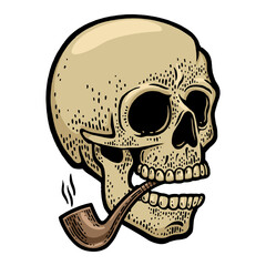 human skull with smoking pipe color sketch PNG illustration with transparent background