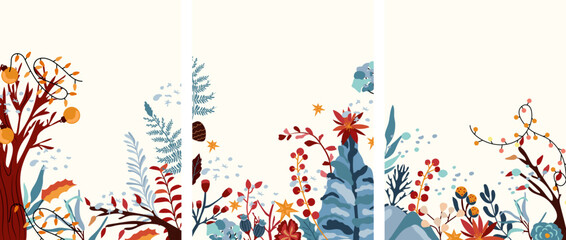 Winter background with Christmas tree, berries, garland, colorful leaves, tree and other. Winter compositions. Perfect for greeting cards, poster, postcard, banner. Vector.