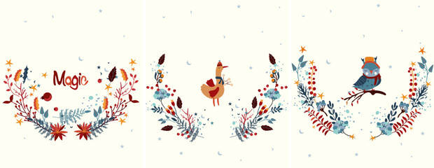Winter background with goose, funny owl sitting on a branch in a scarf, Christmas wreath of flowers and leaves. Winter compositions. Perfect for greeting cards, poster, postcard, banner. Vector.