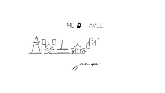 Animated self drawing of continuous line draw Samoa skyline, Oceania. Famous city scraper landscape. World travel home wall decor art poster print concept gallery. Full length one line animation