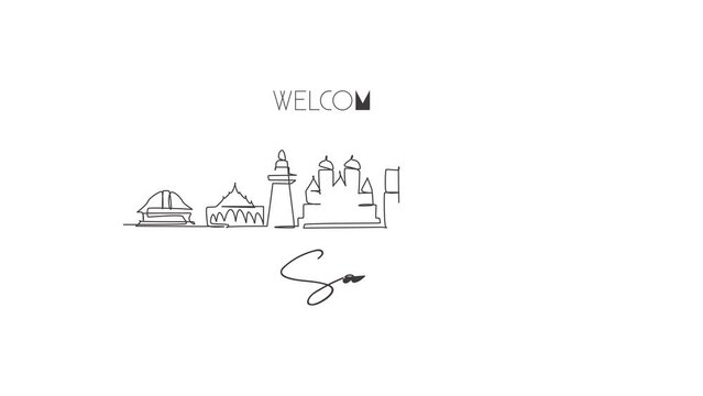 Animated self drawing of continuous line draw Samoa skyline, Oceania. Famous city scraper landscape gallery. World travel home wall decor art poster print concept. Full length one line animation