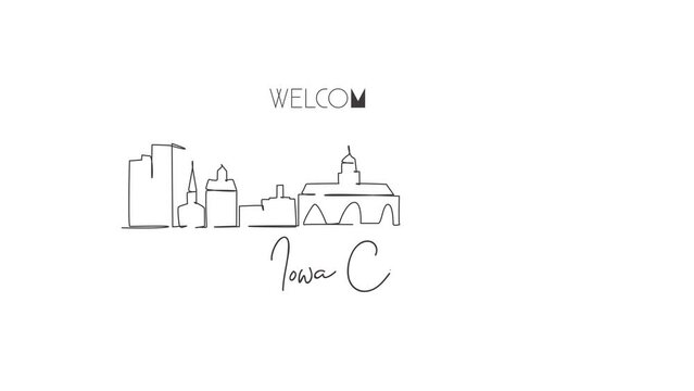Animated self drawing of continuous one line draw Iowa City skyline. Beautiful landmark gallery artwork. World landscape tourism travel wall decor poster print art. Full length single line animation